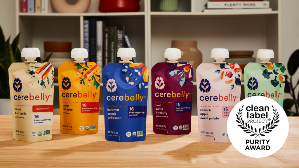 Cerebelly pouches lined up on a table with the Clean Label Purity Badge in the forefront