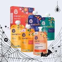 Cerebelly products including smart bars and pouches on a spider web background