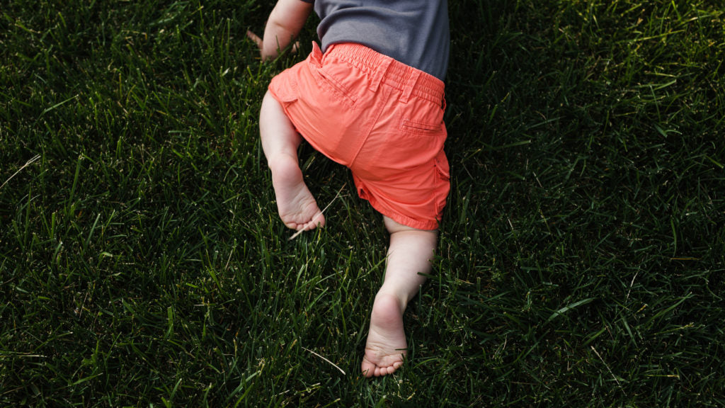 Child wearing bright orange shorts crawling on grass