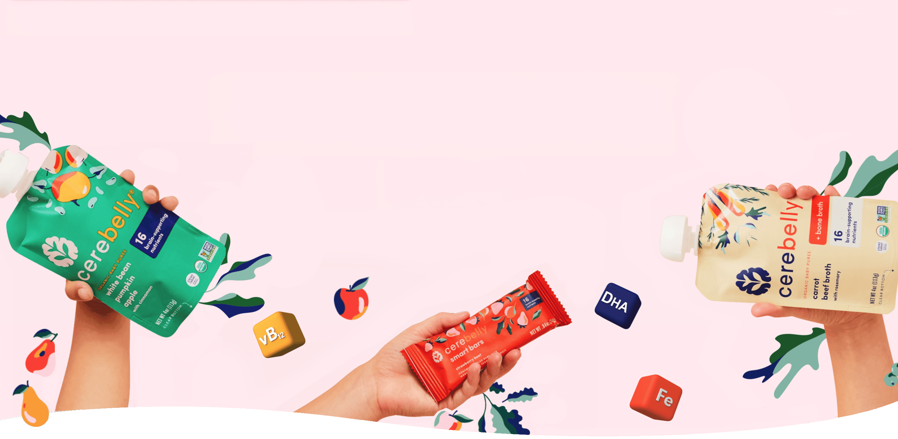 Image with hands holding pouches & bars, nutrient cubes and some cartoon leaves