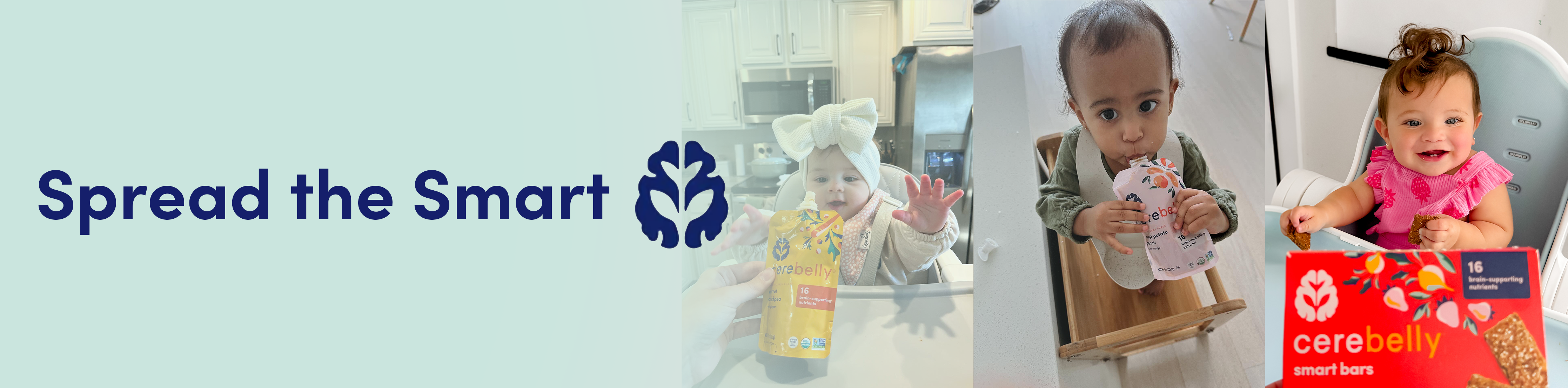 Advertisement for 'Spread the Smart' with images of children and cereals, featuring the Cerebella brand.